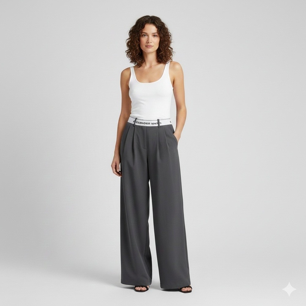 Alexander Wang Wide Leg Trousers Charcoal Gray Pleated Belted Waist Women Size L